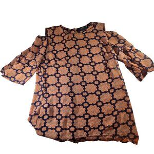 AX Paris Womens Floral Print Cold Shoulder shirt blouse sheer Sz 12 back buttons